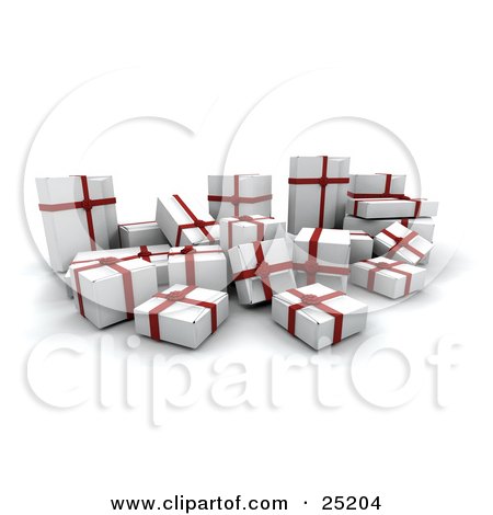 Clipart Illustration of a Crowd Of Christmas Presents Wrapped In White Paper And Red Bows And Ribbons by KJ Pargeter