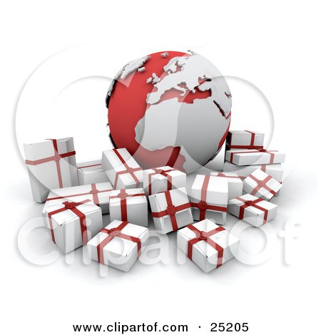 Clipart Illustration of a Crowd Of White And Red Christmas Presents Surrounding A Red And Silver Globe With The African And European Continents by KJ Pargeter