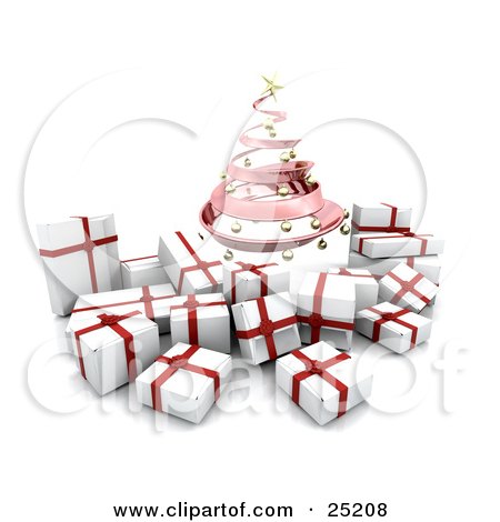 Clipart Illustration of a Pink Spiraled Christmas Tree With Golden Ornaments, Over White And Red Christmas Gifts by KJ Pargeter
