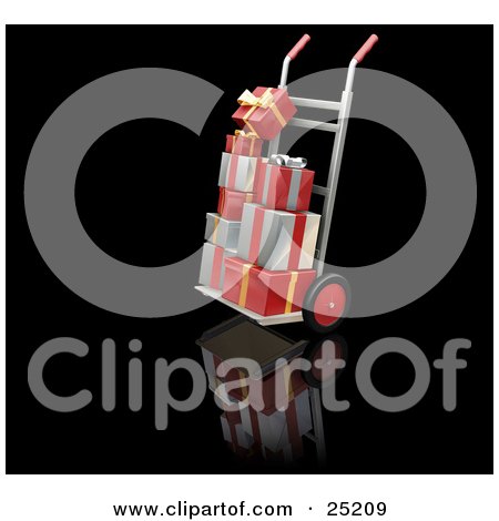 Clipart Illustration of Stacks Of Red, Gold And Silver Christmas Presents On A Dolly by KJ Pargeter