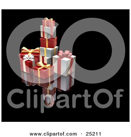Clipart Illustration of a Pile Of Christmas Presents Wrapped In Red, Silver And Gold Paper, Ribbons And Bows by KJ Pargeter