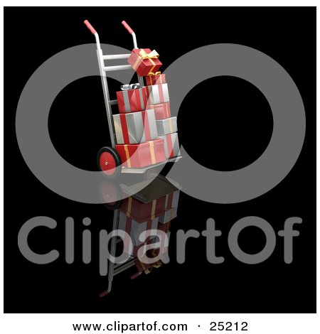 Clipart Illustration of Hand Truck Moving Stacked Red, Gold And Silver Christmas Presents by KJ Pargeter