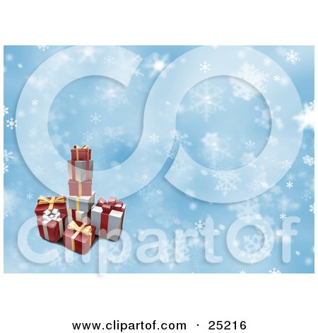 Clipart Illustration of a Pile Of Christmas Presents Stacked Over A Blue And White Snowflake Background by KJ Pargeter