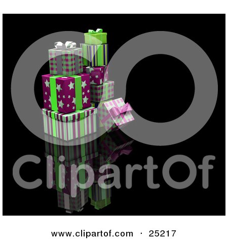 Clipart Illustration of a Pile Of Christmas Presents Wrapped In Green, Pink And Purple Paper, Bows And Ribbons by KJ Pargeter