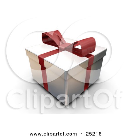 Clipart Illustration of an Unopened Christmas Gift Wrapped In Silver Paper With A Red Ribbon And Bow by KJ Pargeter