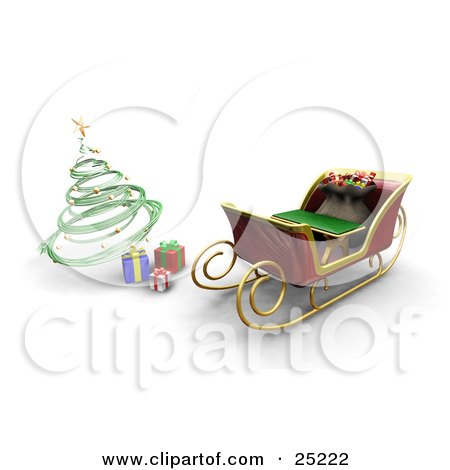 Clipart Illustration of Santa Claus' Sleigh With A Full Toy Sack, Parked In Front Of A Green Spiral Christmas Tree With Presents by KJ Pargeter