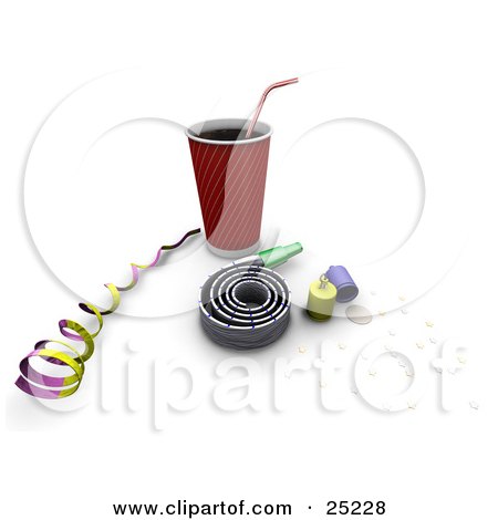 Clipart Illustration of a Soda, Ribbon, Noise Maker, Party Poppers And Confetti At A New Year Or Birthday Party by KJ Pargeter