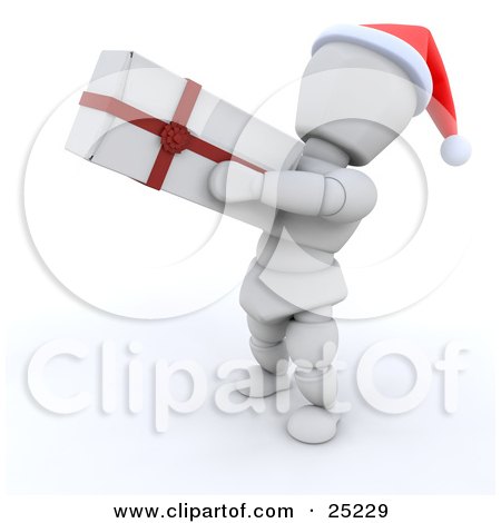 Clipart Illustration of a Thoughful White Character Wearing A Red Santa Hat, Holding A White Christmas Gift With A Red Ribbon And Bow by KJ Pargeter