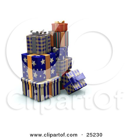 Clipart Illustration of a Pile Of Christmas Presents Wrapped In Star, Stripe And Plaid, Blue And Orange Paper, Ribbons And Bows by KJ Pargeter