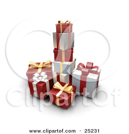 Clipart Illustration of a Pile Of Christmas Presents Wrapped In Silver And Red Paper With Gold, Silver And Red Bows And Ribbons by KJ Pargeter