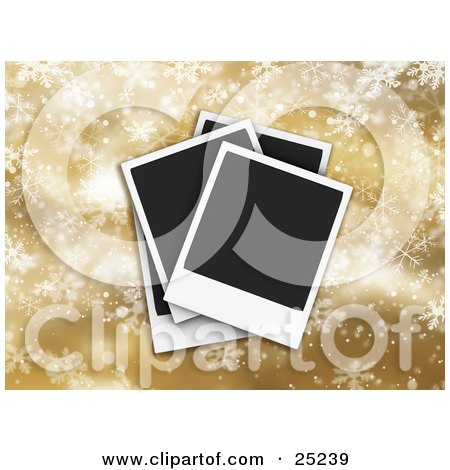 Clipart Illustration of Three Piled Blank Polaroid Pictures Over A Golden Snowflake Christmas Background by KJ Pargeter