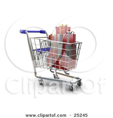 Clipart Illustration of a Full Metal Shopping Cart With Wrapped Christmas Gifts by KJ Pargeter