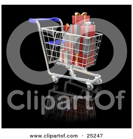 Clipart Illustration of a Full Metal Shopping Cart With Red And Silver Wrapped Christmas Gifts by KJ Pargeter