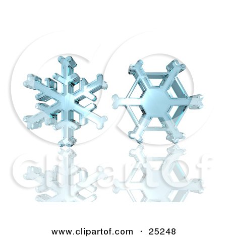 Clipart Illustration of Two Ice Blue Wintry Christmas Snowflakes Hovering Over A Reflective White Background by KJ Pargeter