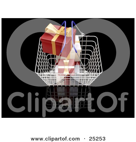 Clipart Illustration of a Full Metal Shopping Basket With Wrapped Red And White Christmas Gifts With Gold Ribbons by KJ Pargeter