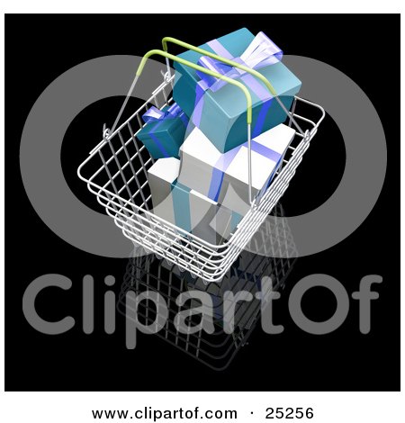 Clipart Illustration of a Full Metal Shopping Basket With Wrapped White And Green Christmas Gifts by KJ Pargeter