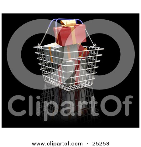 Clipart Illustration of Green And Red Wrapped Christmas Presents With Gold Bows And Ribbons, In A Metal Shopping Basket by KJ Pargeter
