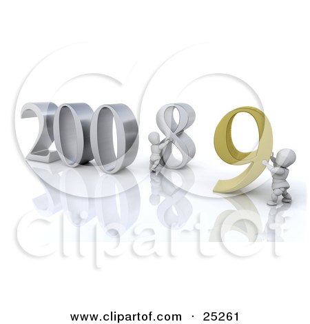 Clipart Illustration of a White Character Pushing Back The Number Eight So Another Person Can Replace It With A Nine For The New Year Of 2009 by KJ Pargeter