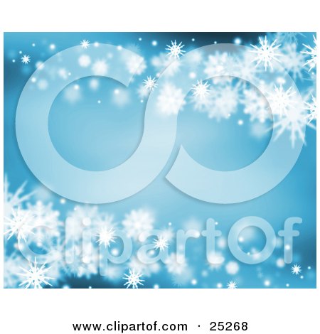 Clipart Illustration of a Blue Background With White Winter Snowflakes Along The Top And Bottom Borders by KJ Pargeter