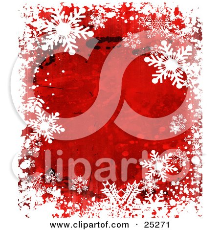 Clipart Illustration of a Border Of White Snowflakes Over A Red Grunge Background With Black Splatters by KJ Pargeter