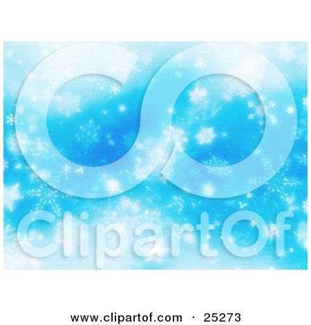 Clipart Illustration of a Wintry Blue Background With Shiny White Snowflakes Falling From The Sky by KJ Pargeter