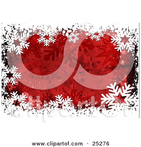 Clipart Illustration of a Border Of White Snowflakes Over A Horizontal Red Grunge Background With Black Splatters by KJ Pargeter