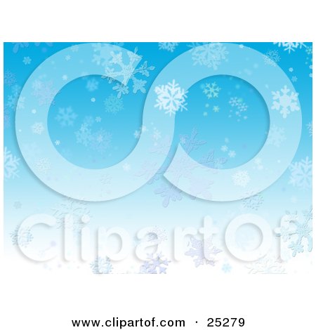 Clipart Illustration of White Snowflakes Flurrying Over A Blue Christmas Background by KJ Pargeter