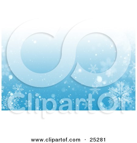 Clipart Illustration of a Blue Background With Bright Light At The Top, Snow And Snowflakes by KJ Pargeter