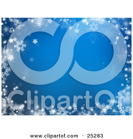 Clipart Illustration of a Light Blue Background Bordered By White Winter Stars And Snowflakes by KJ Pargeter