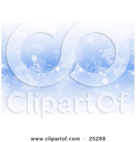 Clipart Illustration of Pretty Winter Snowflakes And Snow Over A Blue Background by KJ Pargeter