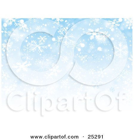 Clipart Illustration of White Snowflakes Over A Bright Blue Background by KJ Pargeter