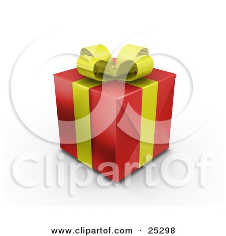 Clipart Illustration of an Unopened Christmas Gift Wrapped In Red Paper With A Yellow Ribbon And Bow by KJ Pargeter