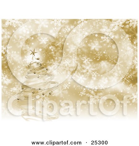 Clipart Illustration of a Metallic Gold Christmas Tree With Ornaments And A Star, Spiraling Over A Snowflake Background by KJ Pargeter