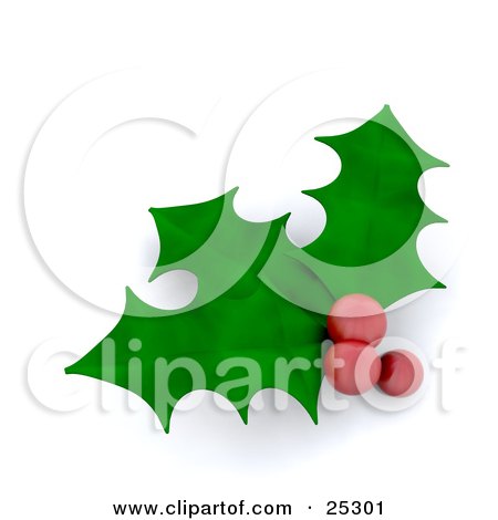 Clipart Illustration of Three Green Christmas Holly Leaves With Three Red Berries, Over White by KJ Pargeter
