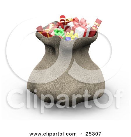 Clipart Illustration of Santa's Brown Sack Full Of Wrapped Christmas Presents, Cinched At The Top by KJ Pargeter