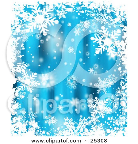 Clipart Illustration of a Border Of White Snowflakes Over A Brilliant Blue Christmas Background by KJ Pargeter