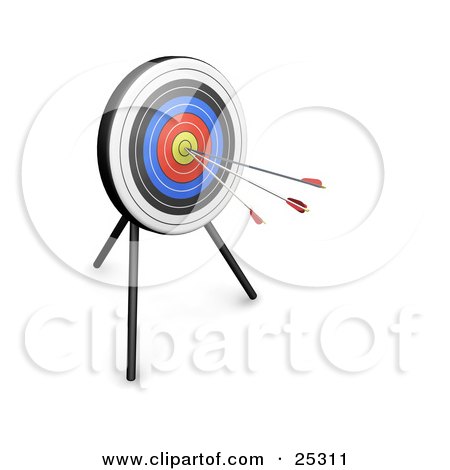 Clipart Illustration of Three Arrows In The Yellow Bullseye Of A Target Board by KJ Pargeter