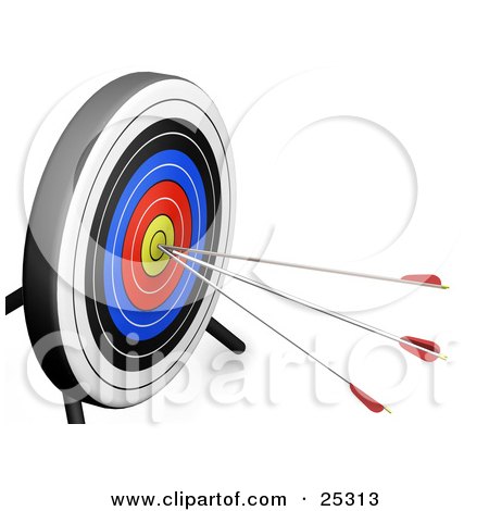 Clipart Illustration of a White, Black, Blue, Red And Yellow Target Board With Three Arrows In The Bullseye by KJ Pargeter