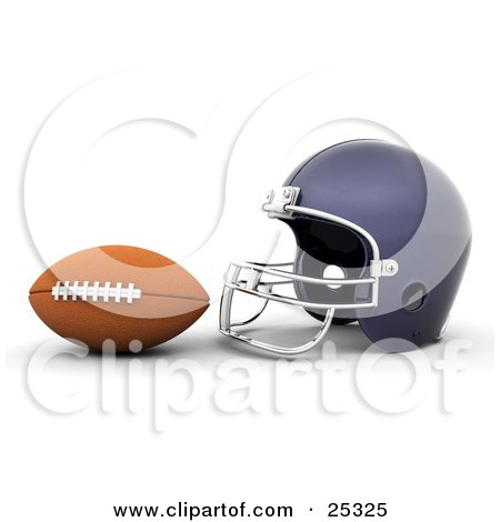 Clipart Illustration of a Brown Football In Front Of A Blue Helmet by KJ Pargeter