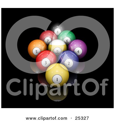 Clipart Illustration of Nine Billiards Pool Balls Racked On A Reflective Black Surface by KJ Pargeter