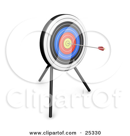 Clipart Illustration of a Single Arrow In The Yellow Center Of A Circular Target by KJ Pargeter