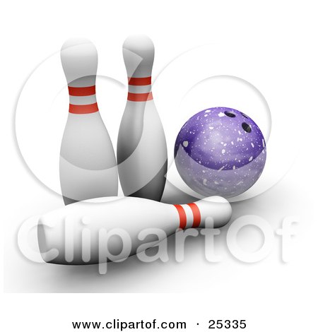 Clipart Illustration of a Purple Bowling Ball Beside Two White Bowling Pins With Red Rings, One Knocked Over, On A White Background by KJ Pargeter