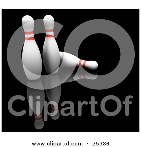 Clipart Illustration of Two White Bowling Pins With Red Rings, Standing Near A Fallen Pin, On A Reflective Black Background by KJ Pargeter