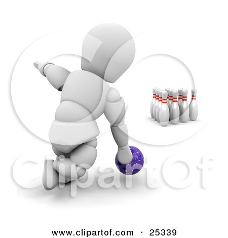 Clipart Illustration of a Bowling White Character Leaning Down To Release A Purple Bowling Ball To Knock Over Ten Pins At The End Of An Alley, On White by KJ Pargeter
