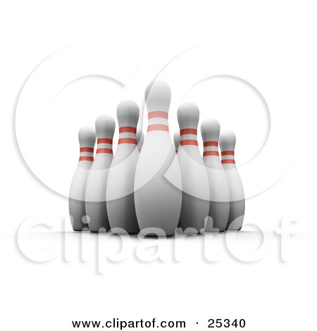 Clipart Illustration of Ten Tall, White Bowling Pins With Red Rings, Positioned Upright In The Alley, Over A White Background by KJ Pargeter