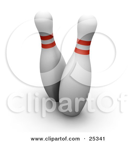 Clipart Illustration of Two White Bowling Pins With Red Rings, Swaying At The End Of The Alley, On A White Background by KJ Pargeter