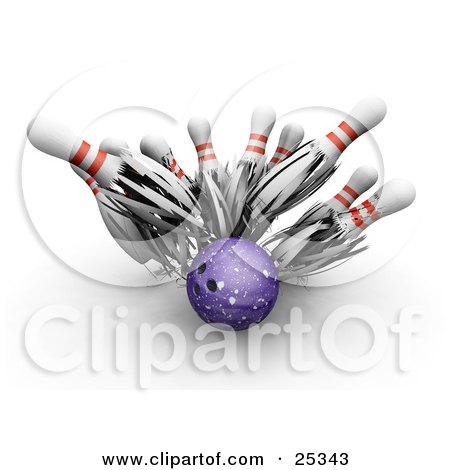Clipart Illustration of a Fast Purple Bowling Ball Shredding Through White Bowling Pins, On A White Background by KJ Pargeter