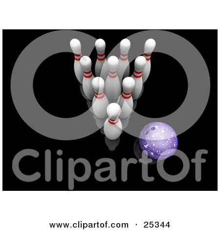 Clipart Illustration of a Rolling Purple Bowling Ball Heading Towards Ten White Pins With Red Rings, Over A Reflective Black Background by KJ Pargeter