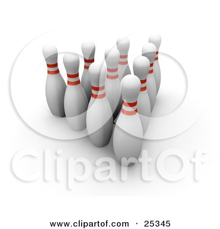 Clipart Illustration of Ten White Bowling Pins With Red Rings, Positioned Upright In The Alley, Over A White Background by KJ Pargeter