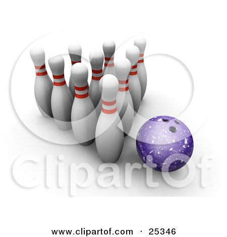Clipart Illustration of a Purple Bowling Ball Beside Ten White Pins With Red Rings, Over A White Background by KJ Pargeter